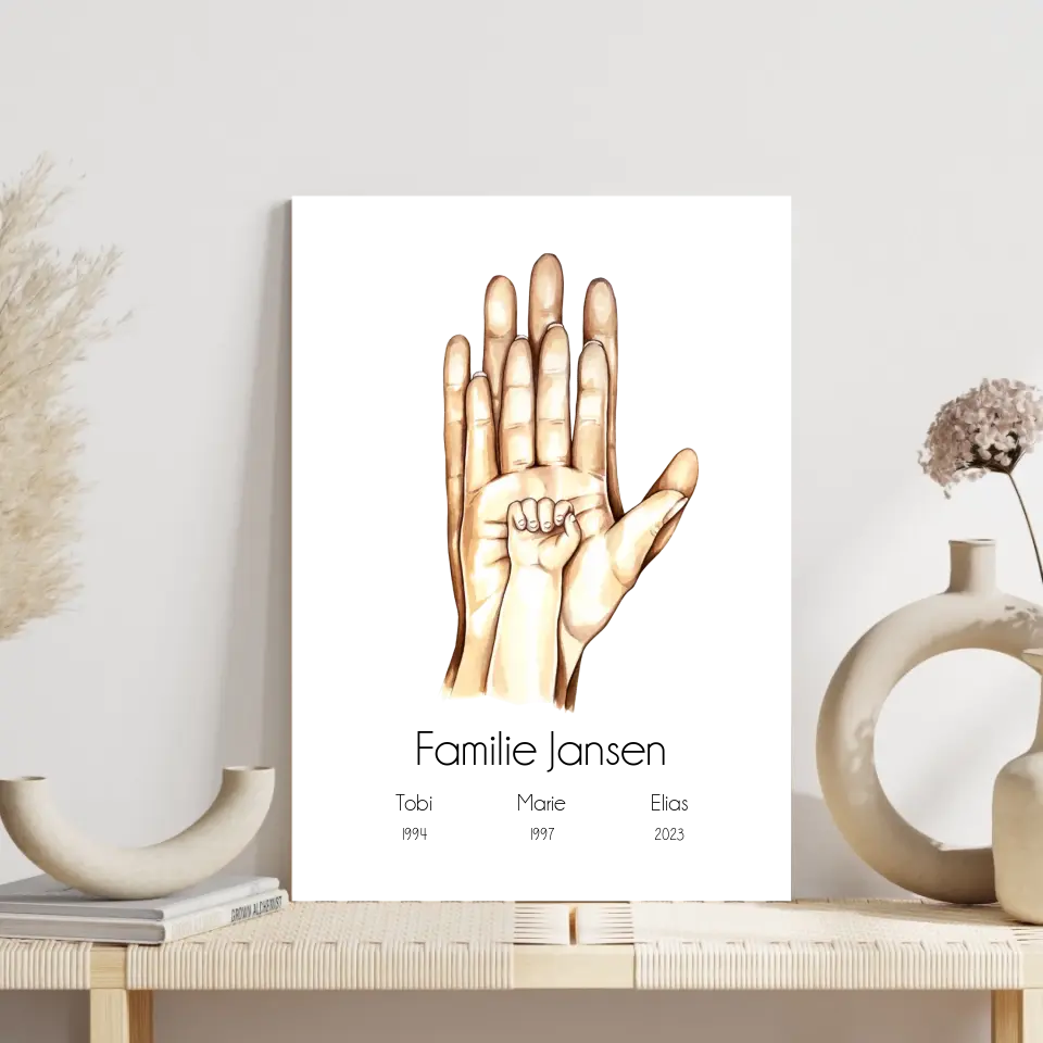 "Familienglück mit 1 Kind" im Aquarell Stil - Personalisiert