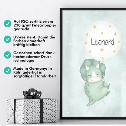 "Triceratops mit seinem Luftballon" - Personalisiert