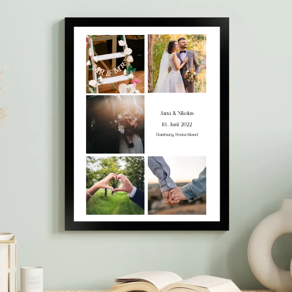 Fotokollage mit 5 Bildern, Namen, Datum und Text - Personalisiert mit Foto