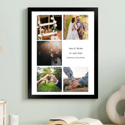 Fotokollage mit 5 Bildern, Namen, Datum und Text - Personalisiert mit Foto