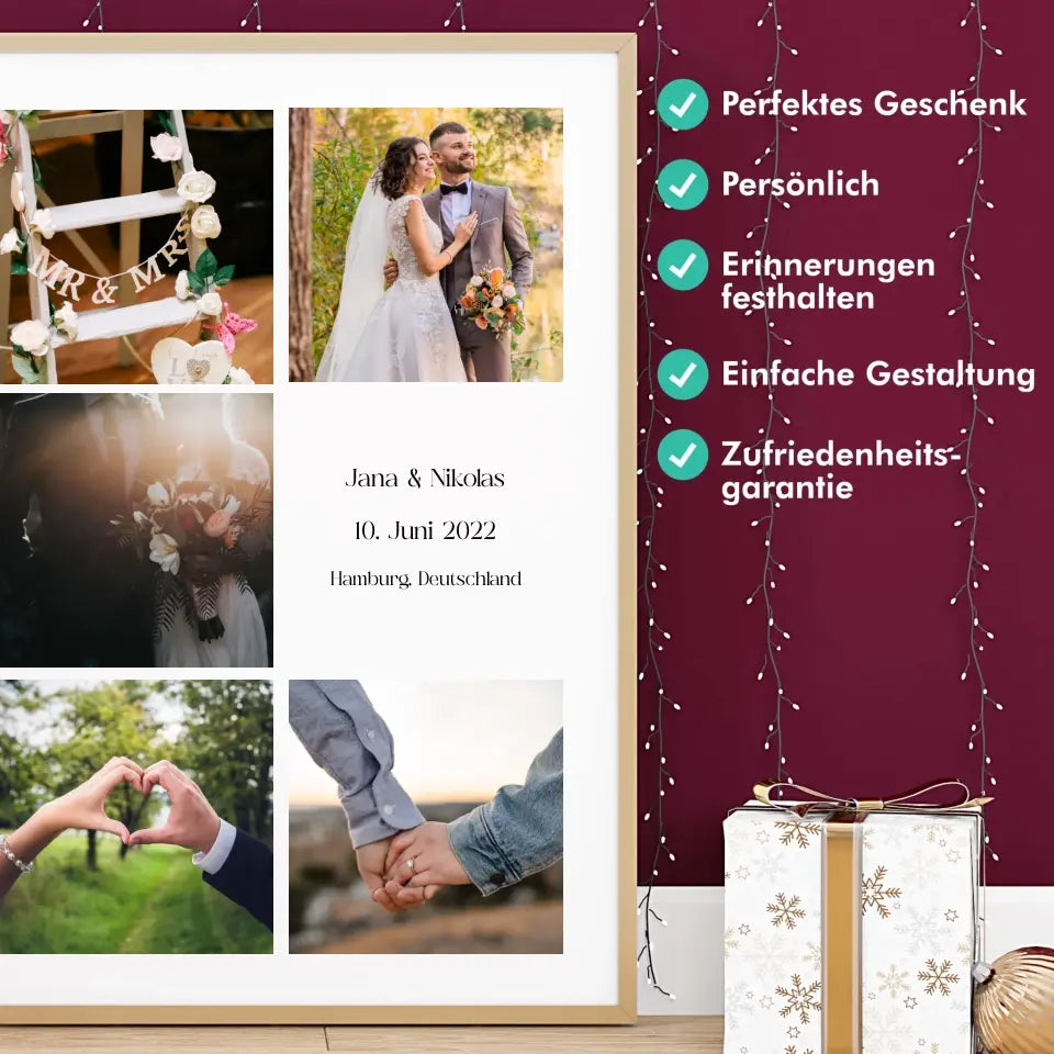 Fotokollage mit 5 Bildern, Namen, Datum und Text - Personalisiert mit Foto