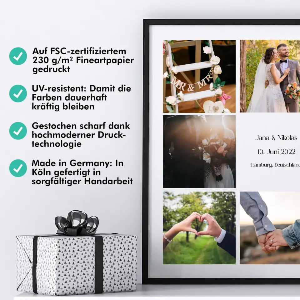 Fotokollage mit 5 Bildern, Namen, Datum und Text - Personalisiert mit Foto