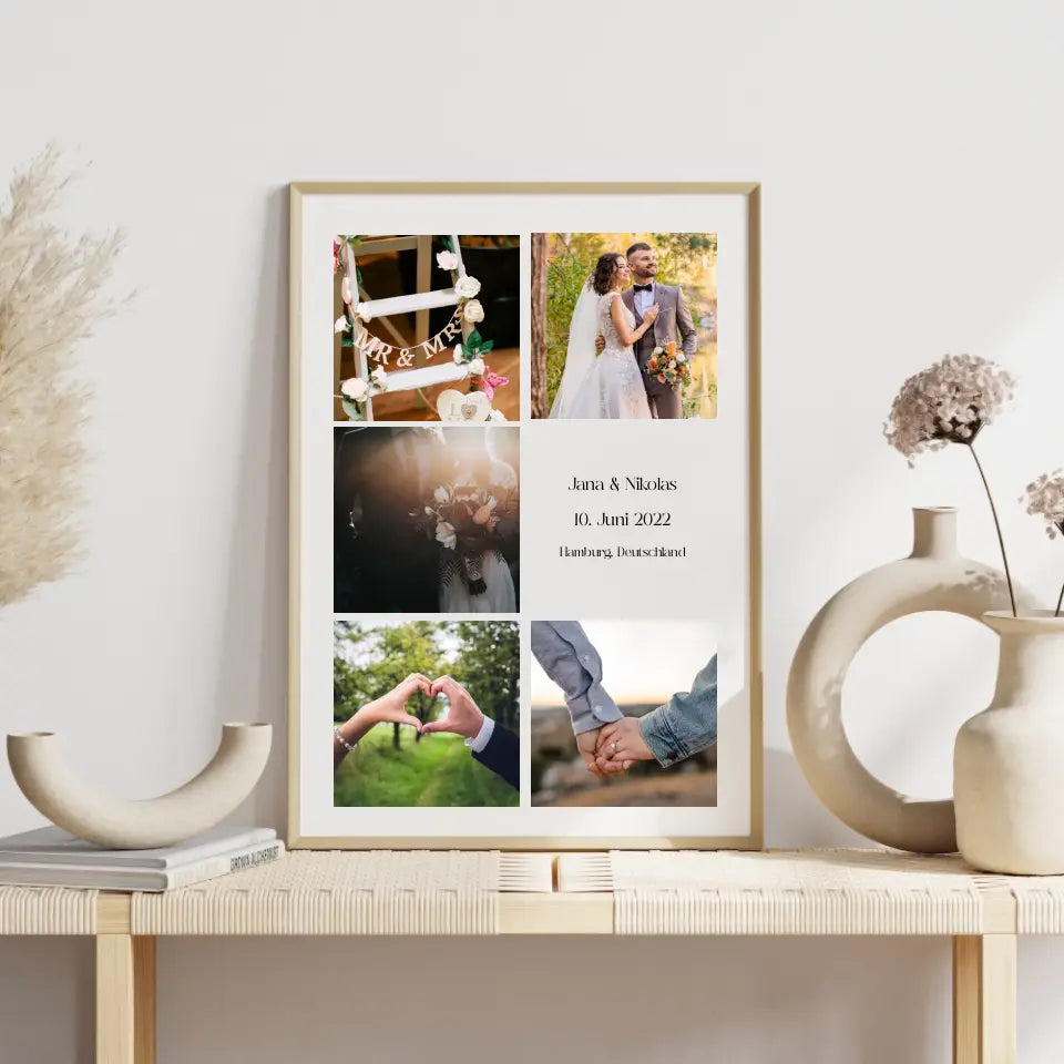 Fotokollage mit 5 Bildern, Namen, Datum und Text - Personalisiert mit Foto