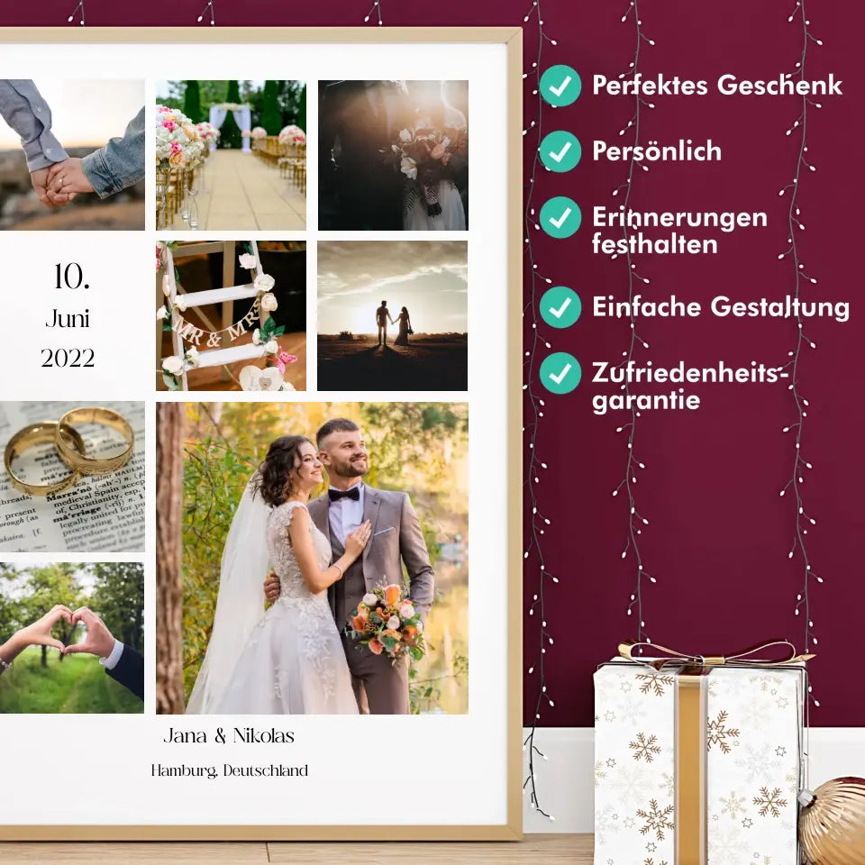 Fotokollage mit 8 Bildern, Namen, Datum und Text - Personalisiert mit Foto