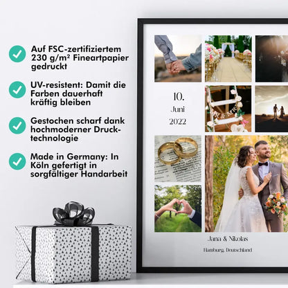 Fotokollage mit 8 Bildern, Namen, Datum und Text - Personalisiert mit Foto