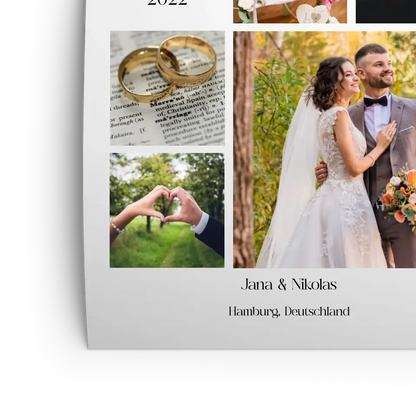 Fotokollage mit 8 Bildern, Namen, Datum und Text - Personalisiert mit Foto