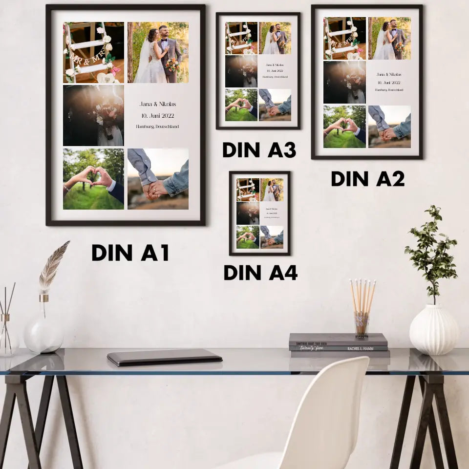 Fotokollage mit 5 Bildern, Namen, Datum und Text - Personalisiert mit Foto