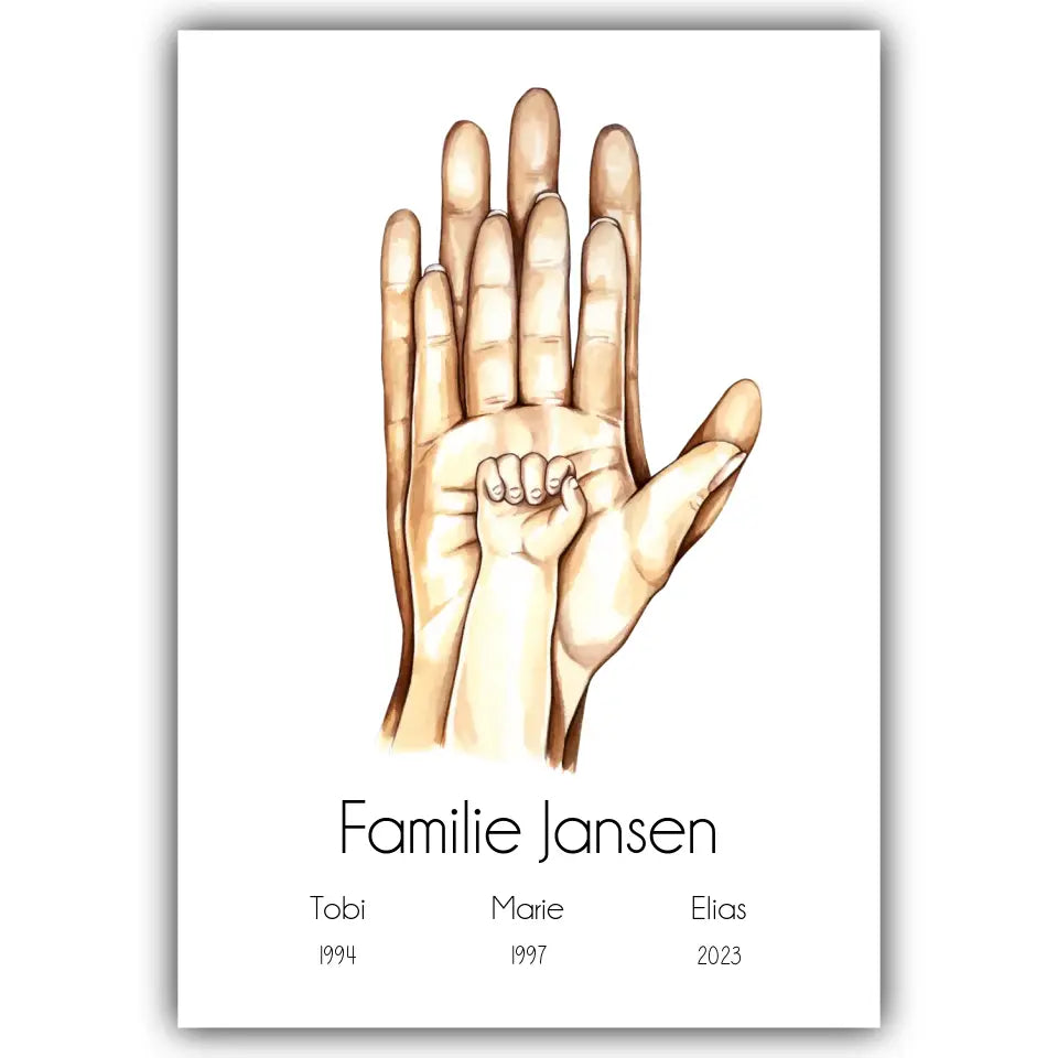 "Familienglück mit 1 Kind" im Aquarell Stil - Personalisiert
