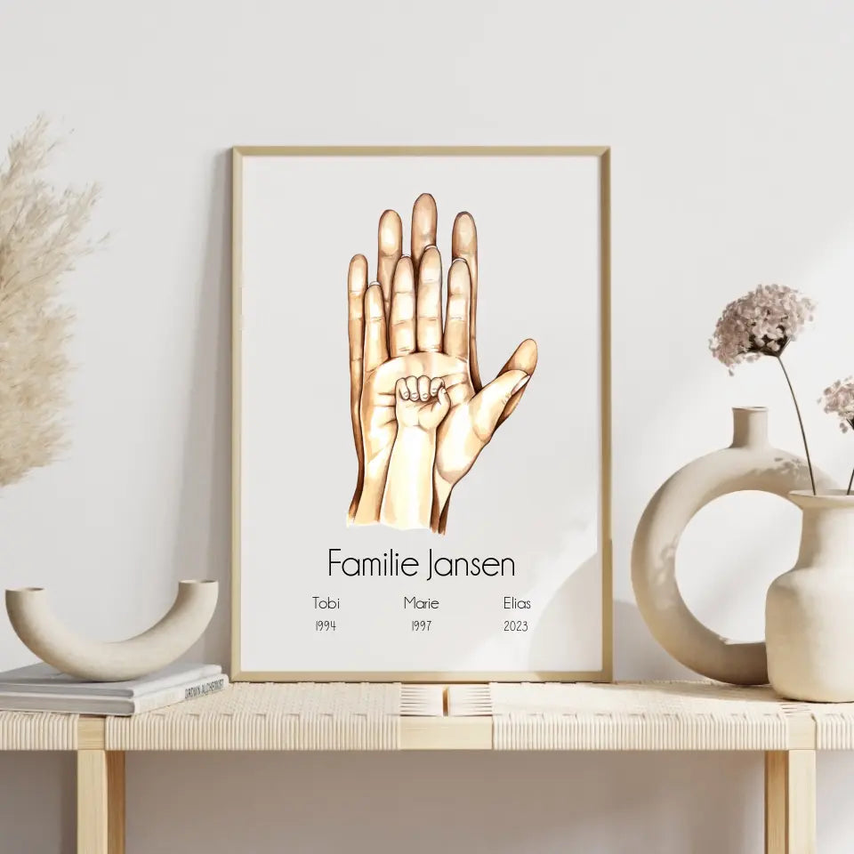"Familienglück mit 1 Kind" im Aquarell Stil - Personalisiert