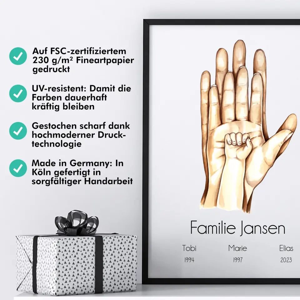 "Familienglück mit 1 Kind" im Aquarell Stil - Personalisiert