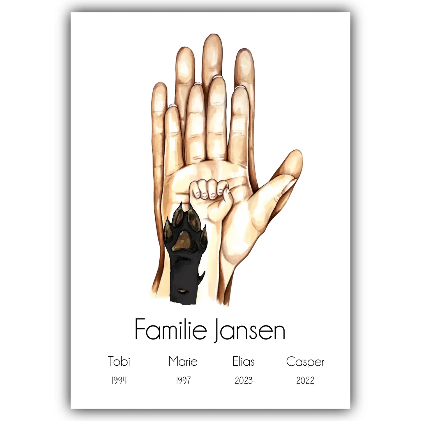 "Familienglück mit Kind und Haustier" im Aquarell Stil - Personalisiert