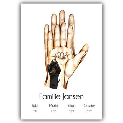 "Familienglück mit Kind und Haustier" im Aquarell Stil - Personalisiert